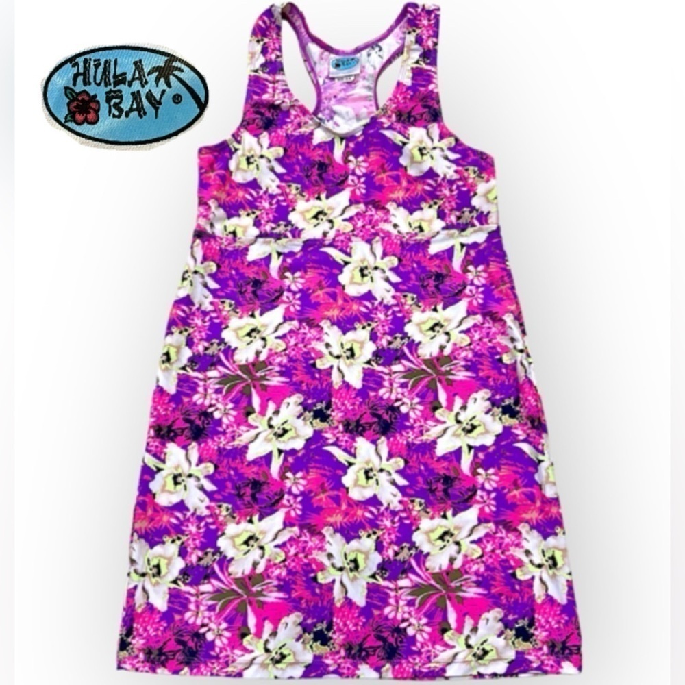 Hula Bay hawaiian floral orchid print beach dress, neon colors, M, stretchy